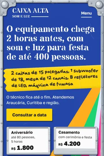 Exemplo de site para som e luz para festa (negócio fictício): Caixa Alta Som e Luz, em Araucária