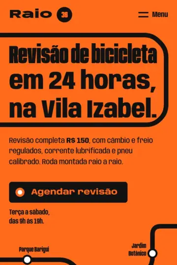 Exemplo de site para bicicletaria (negócio fictício): Raio 36 Bicicletaria, na Vila Izabel