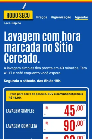 Exemplo de site para lava-rápido (negócio fictício): Rodo Seco Lava-Rápido, no Sítio Cercado