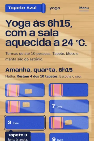 Exemplo de site para estúdio de yoga (negócio fictício): Tapete Azul Yoga, no Jardim Social