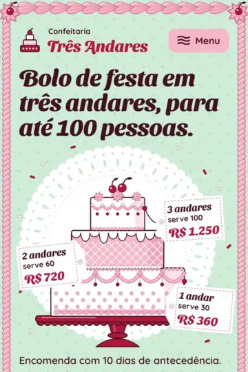 Exemplo de site para bolos de festa (negócio fictício): Confeitaria Três Andares, no Seminário